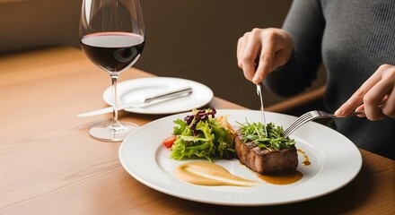 Elegant fine dining steak dinner served with fresh salad and sauce, gourmet restaurant meal with wine glass, luxury cuisine presentation and upscale evening dining experience