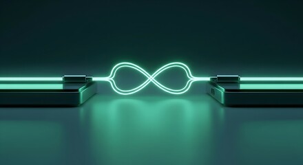 Glowing infinity symbol formed by connected electric cables, continuous energy flow, power connection and limitless technology idea on dark futuristic background