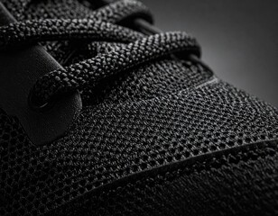Textured fabric on black shoe with laced detail closeup