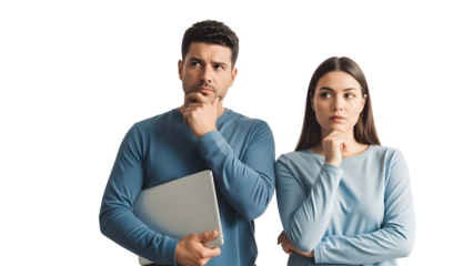 A man and woman in thought with a laptop