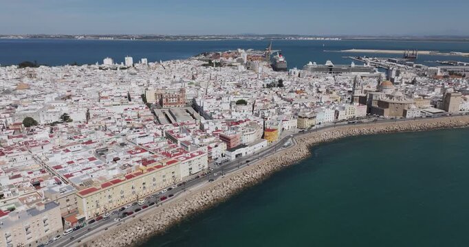 Aerial drone cityscape view of Cadiz in Spain, Andalusia, Europe, on bright sunny day, facing C&aacute;diz Cathedral and waterfront. Drone panning fast