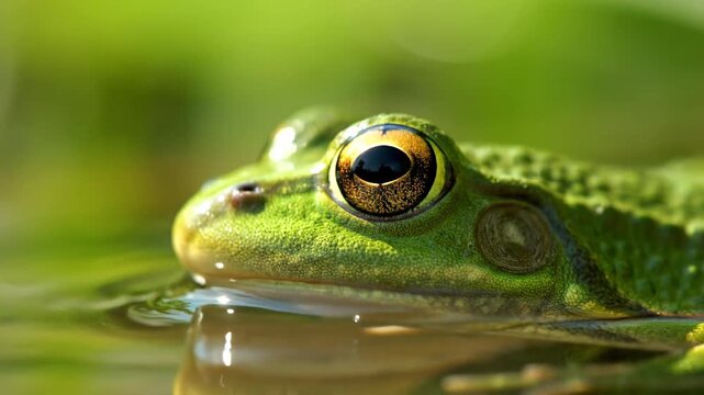 Close-up of green frog in water, beautiful eye and details, wildlife