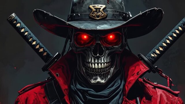 A skeletal figure with red glowing eyes, a cowboy hat, katana swords, and a red coat
