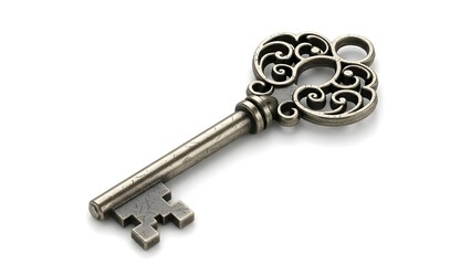 Old vintage key with ornate design on white background