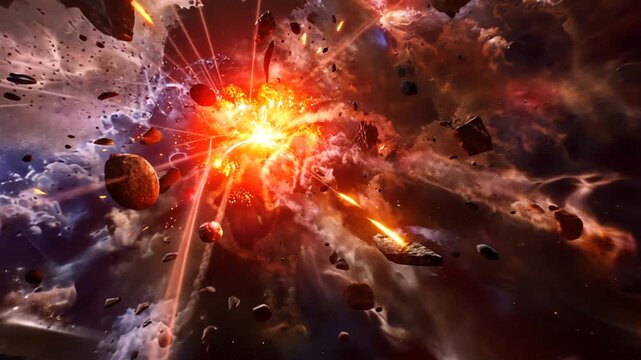 asteroid explosion in space with debris and sparks