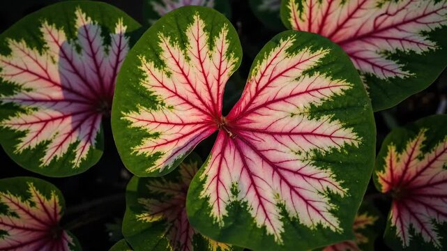 Vibrant caladium leaves with striking pink and green patterns.