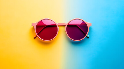 Sunglasses on Rainbow Background: Summer Mood,Stylish sunglasses placed on a vibrant pink and blue background during a creative indoor setting