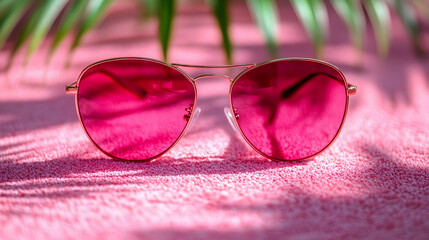 Pink sunglasses on silk, vibrant backdrop,Pink sunglasses reflecting tropical sunset