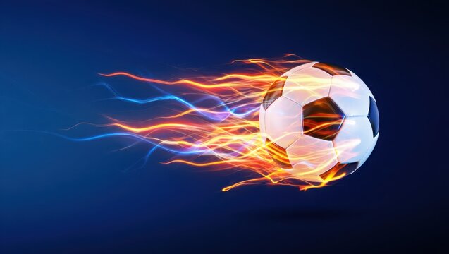 A soccer ball with vibrant orange and yellow flames trailing behind it on a dark blue background