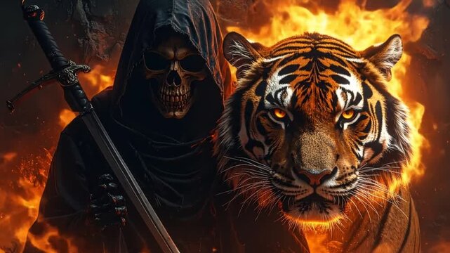 Grim Reaper figure with a sword, and a tiger against fiery background