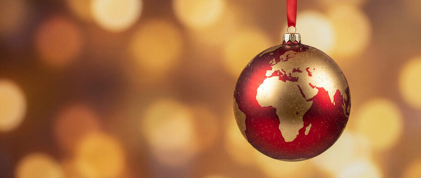 Gold and red Christmas globe ornament with world map, festive holiday decor - Powered by Adobe