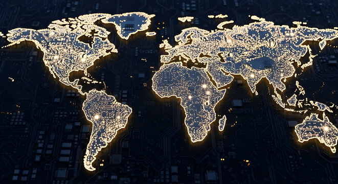 Stunning illuminated global network map, representing worldwide digital connections and data flow, ideal for technology, business, and innovation-focused projects - Powered by Adobe