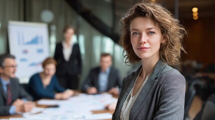 A confident businesswoman stands with arms crossed, as a team collaborates around a table in a bright, modern office, a symbol of leadership, teamwork, and success.