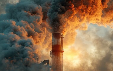 Tall industrial smokestack releases a plume of dark grey and bright orange smoke against a dramatic sunset sky.