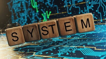 System technology digital abstract background with wooden blocks spelling system