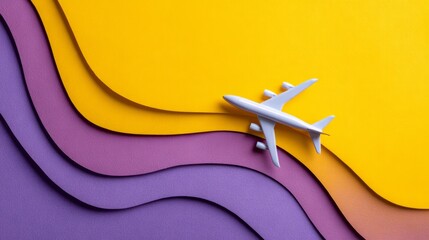 An airplane model navigates a vibrant, layered abstract landscape, symbolizing travel and exploration against a backdrop of colorful paper cutouts.
