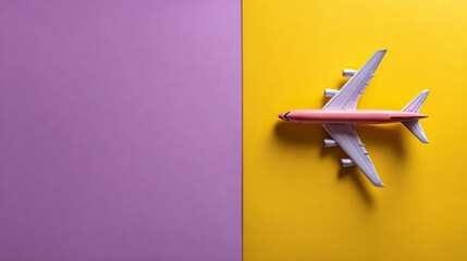 A toy airplane stands on the colorful background. The perfect picture for travel theme and business goals. 