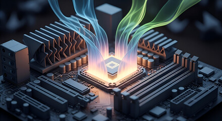 Dynamic computer processor with vibrant energy flow, representing innovation and high-tech advancements in digital technology, perfect for modern design