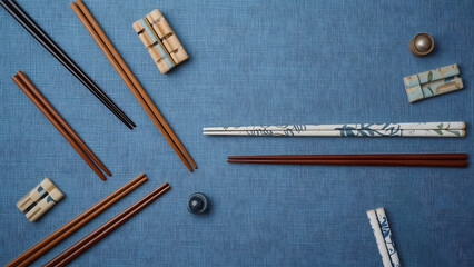 Minimalist blue flatlay with decorative chopsticks and holders, modern asian dining concept, abstract table arrangement, japanese culinary background