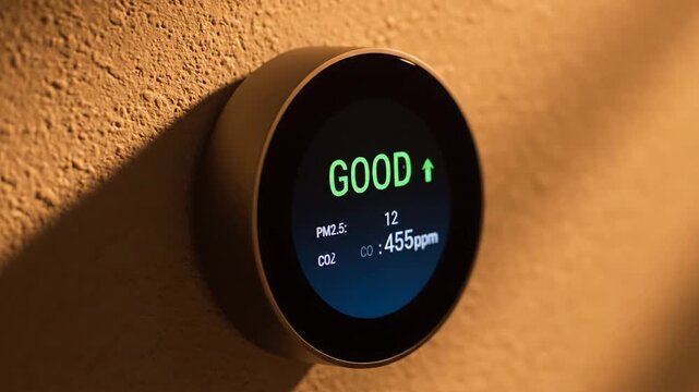 Close-up of smart thermostat showing GOOD air quality, CO2 level 450ppm indoors.