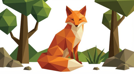 Low poly illustration of a red fox in a forest.