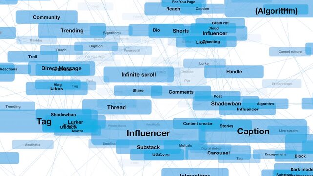Social Media 3D semantic field on lexical Glossary label motion display