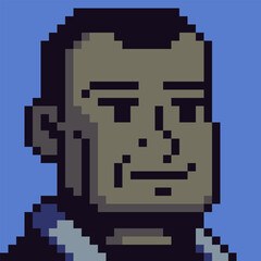 Pixel art avatar portrait of stylized human character with subtle smile and relaxed expression, retro 8-bit game style, RPG characters, NPCs, UI avatars, profile icons, and vintage digital interfaces.