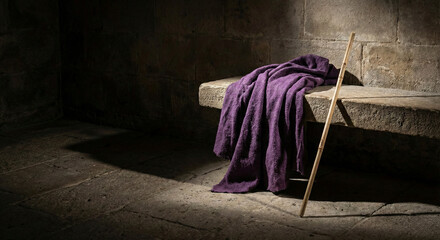 Purple robe and reed staff lying on stone bench in dark dungeon representing mocking of Jesus Christ concept