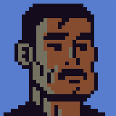 Pixel art avatar portrait of stylized male character with expressive face and dark hair. Retro 8-bit pixel style suitable for game characters, RPG avatars, NPC portraits, user profiles.