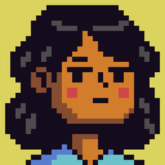 Pixel art avatar portrait featuring stylized female character with expressive face and voluminous hair. Retro 8-bit style character icon suitable for games, apps, profiles, RPG interface.