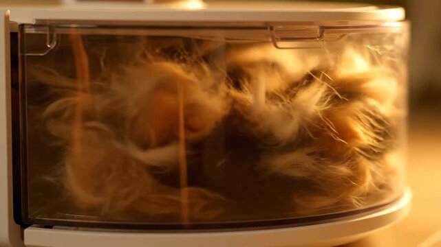 Close up of pet hair and dust inside a vacuum robot cleaner container. Hygiene, dust and cleanliness concept.