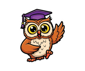 Cute owl cartoon wearing graduation cap waving hand academic education