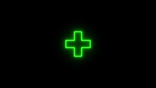 Glowing neon line plus icon on black background. Neon positive plus icon with looped animation. Abstract positive technology sign icon. Green neon medical cross icon.