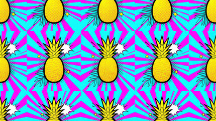 A vibrant and repeating pop art pattern featuring stylized yellow pineapples against a dynamic background of blue and magenta geometric starbursts and white accents.