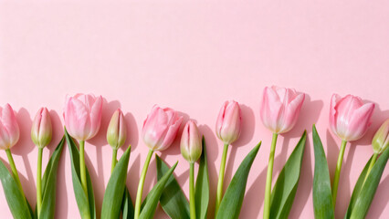 Row of pink tulips with green stems and leaves arranged horizontally against a soft pink background