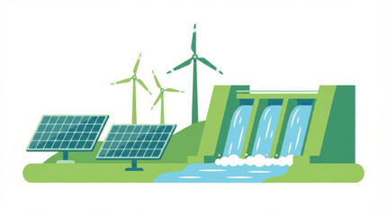 Illustration of multiple renewable energy sources including solar panels, wind turbines, and a hydroelectric dam generating clean power.