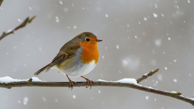 Close up of a european robin perched on a snow covered branch during a gentle snowfall, its bright orange breast contrasting with the grey winter background - Powered by Adobe