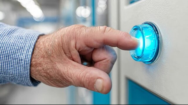 A hand pressing a glowing blue button on a control panel.
