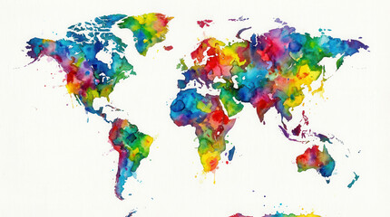 Fototapeta premium Vibrant watercolor world map with colorful paint splashes depicting continents and oceans in an artistic style.