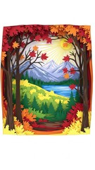 Vibrant Autumn Landscape with Trees, Mountains, and Lake Scene