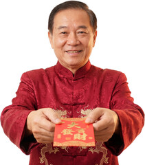 Happy Asian Man in Traditional Cheongsam Giving Red Envelope (Ang Pao) for Chinese New Year Celebration Isolated on White Background