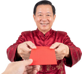 Happy Asian Man in Traditional Cheongsam Giving Red Envelope (Ang Pao) for Chinese New Year Celebration Isolated on White Background