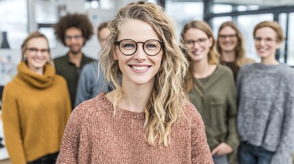 Fototapeta premium A diverse group of young professionals confidently pose for a portrait, radiating positivity and collaboration within a modern office environment, showcasing a sense of unity.