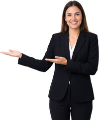 Smiling Businesswoman Presenting Open Hands to Empty Side for Text or Banner Isolated on Transparent background