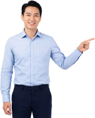 Happy Asian Businessman Pointing Finger at Copy Space for Product Advertisement Isolated on White Background