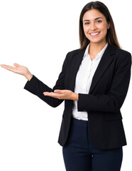 Smiling Businesswoman Presenting Open Hands to Empty Side for Text or Banner Isolated on Transparent background