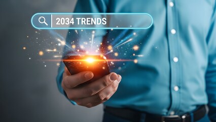 Businessman holding smartphone with 2034 trends concept on screen