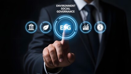 Businessman interacting with ESG interface on a digital screen