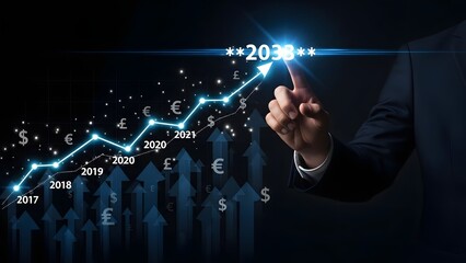 Businessman tracing upward financial growth on digital interface showing graphs