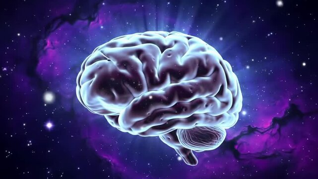A glowing brain floats in a vibrant purple galaxy with stars and nebulae
